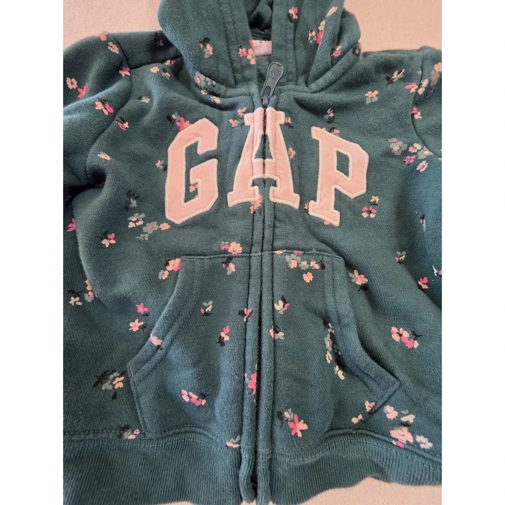 Baby Gap Floral Zip Hoodie 12-18 Months Green Pink Fleece Hooded Sweatshirt